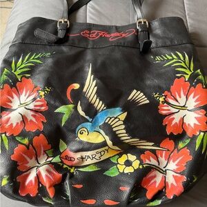 Ed Hardy Black Tote with Colorful Bird and Floral Design